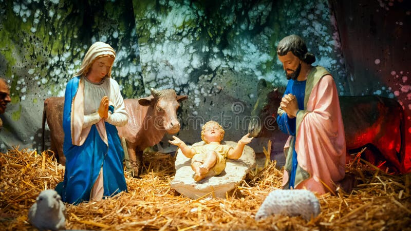 De scène van de Kerstmisgeboorte van christus met baby Jesus, Mary & Joseph