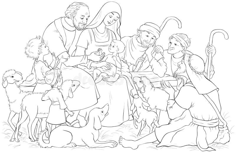 De Scène van de Kerstmisgeboorte van christus met Heilige Familiebaby Jesus, Mary, Joseph en herders die Pagina kleuren vector illustratie De Scène van de Kerstmisgeboorte van christus met Heilige Familiebaby Jesus, Mary, Joseph en herders die Pagina kleuren vector illustratie