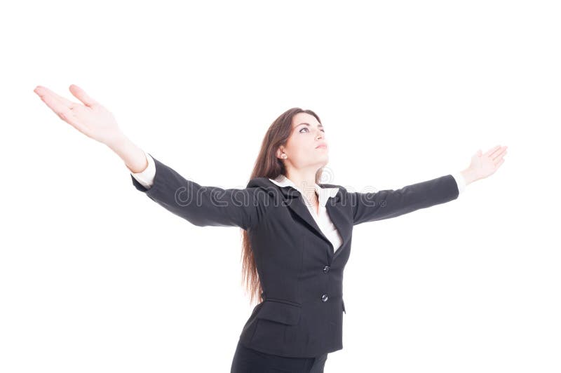 De sexy jonge wijd uitgespreide wapens van de bedrijfsvrouwenholding uitdrukkend su stock foto's De sexy jonge wijd uitgespreide wapens van de bedrijfsvrouwenholding uitdrukkend su stock foto's