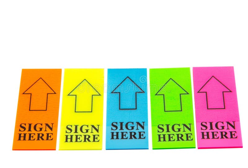 De SIGNE étiquette colorée de flèche ICI image stock De SIGNE étiquette colorée de flèche ICI image stock