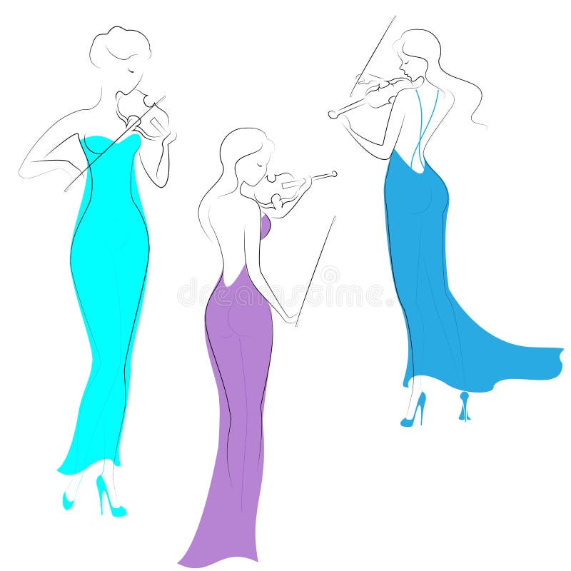 De silhouetten van drie mooie dames in avond snakken kleding De meisjes zijn slank en elegant De vrouwen spelen violen, zijn zij stock illustratie De silhouetten van drie mooie dames in avond snakken kleding De meisjes zijn slank en elegant De vrouwen spelen violen, zijn zij stock illustratie