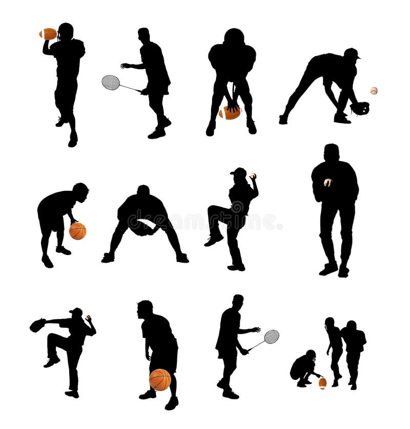 Sportensilhouetten met bal vector illustratie. Illustration of