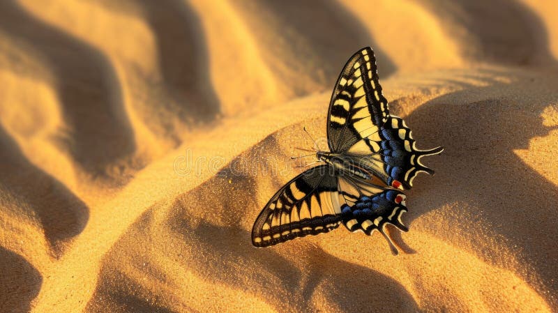 Closeup of a Swallowtail erfly its normally precise flight path now erratic and disoriented amidst the swirling sands. AI generated. Closeup of a Swallowtail erfly its normally precise flight path now erratic and disoriented amidst the swirling sands. AI generated