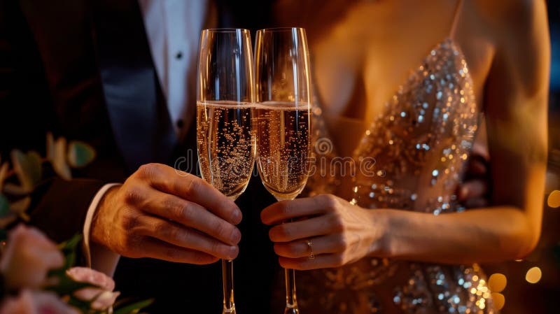 Close-up of a couple toasting with champagne flutes at a high-class charity event. Elegant evening wear and a background of ambient lighting and floral decor enhance the festive, luxurious atmosphere AI generated. Close-up of a couple toasting with champagne flutes at a high-class charity event. Elegant evening wear and a background of ambient lighting and floral decor enhance the festive, luxurious atmosphere AI generated