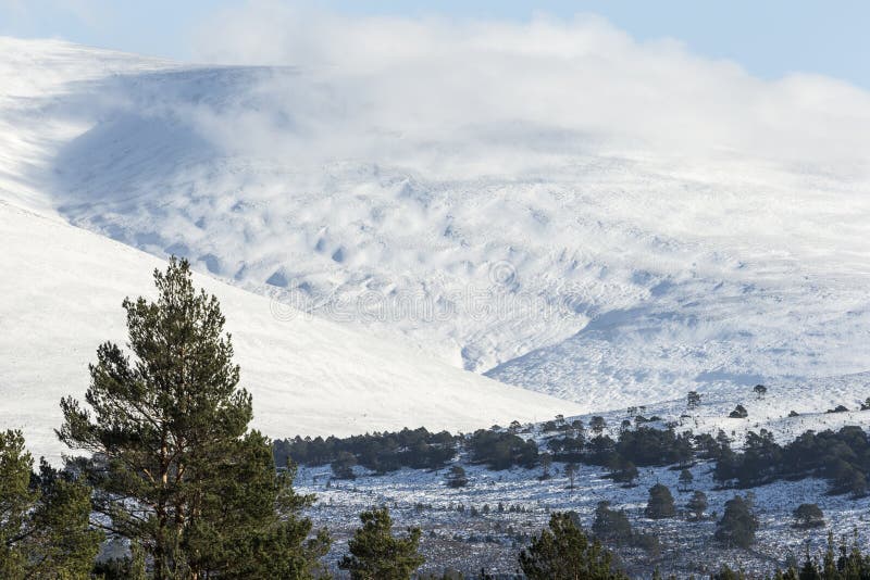De sneeuw behandelde hellingen van de berg van Geal Charn in Glen Feshie in de Hooglanden van Schotland royalty-vrije stock fotografie De sneeuw behandelde hellingen van de berg van Geal Charn in Glen Feshie in de Hooglanden van Schotland royalty-vrije stock fotografie