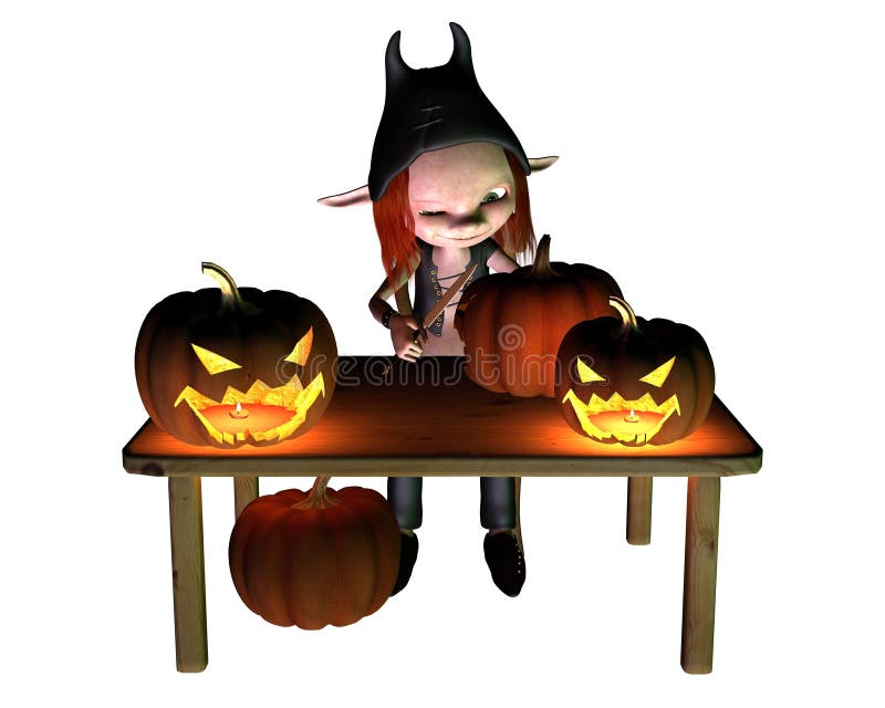 Digital render of a little goblin carving spooky Halloween pumpkin lanterns. Digital render of a little goblin carving spooky Halloween pumpkin lanterns.