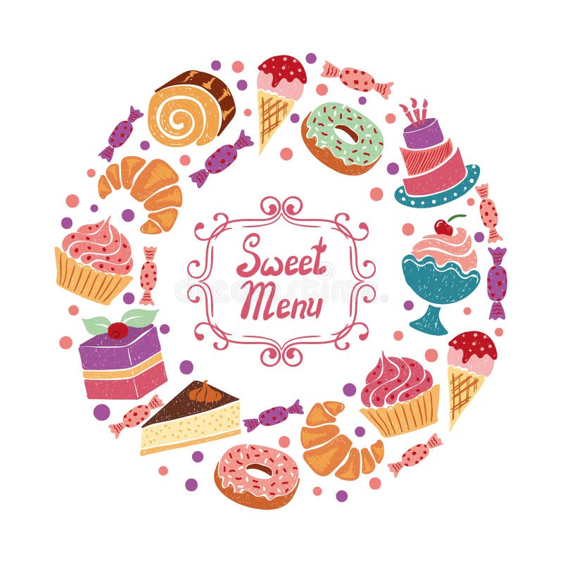 De snoepjes omcirkelen kleurrijke achtergrond met cake, cupcake, bakkerij, doughnut, roomijs en suikergoed royalty-vrije illustratie De snoepjes omcirkelen kleurrijke achtergrond met cake, cupcake, bakkerij, doughnut, roomijs en suikergoed royalty-vrije illustratie