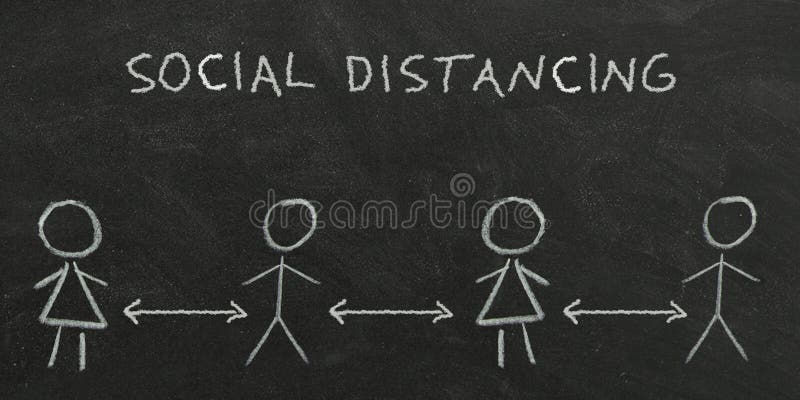 De sociale afstand in een witte krijt op een zwarte plaat