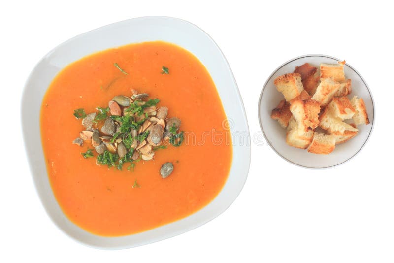 Pompoensoep met croutons royalty-vrije stock fotografie