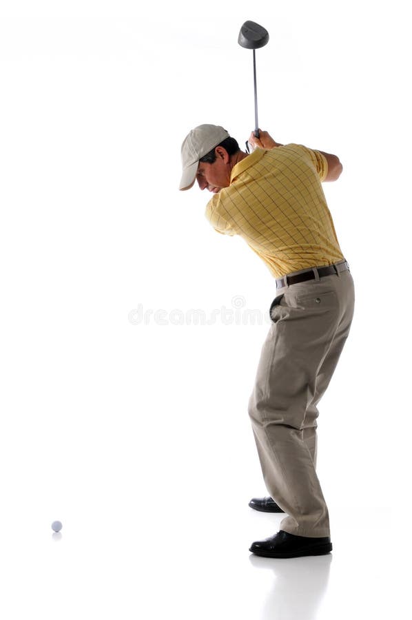 Studio shot of golfer hitting the ball isolated over a white background. Studio shot of golfer hitting the ball isolated over a white background