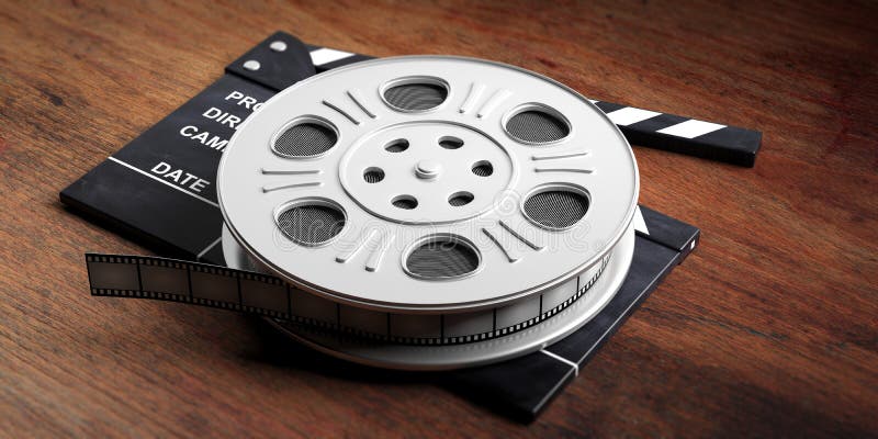 De spoel van de filmfilm, op een filmklep en een houten achtergrond, 3d illustratie stock illustratie De spoel van de filmfilm, op een filmklep en een houten achtergrond, 3d illustratie stock illustratie