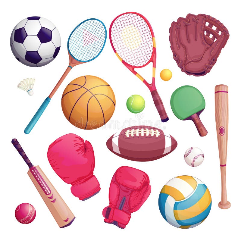 De sportuitrusting isoleert voorwerpen Vectorbeeldverhaalillustratie van voetbal, voetbal, tennis, veenmol, honkbalspel vector illustratie De sportuitrusting isoleert voorwerpen Vectorbeeldverhaalillustratie van voetbal, voetbal, tennis, veenmol, honkbalspel vector illustratie