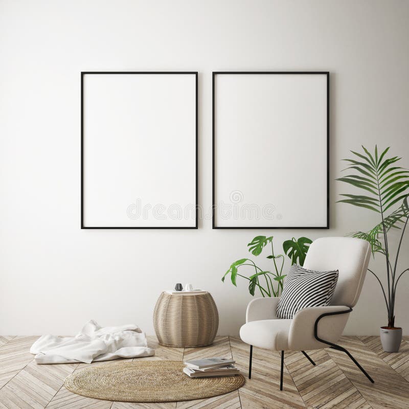 De spot op affichekader op hipster binnenlandse achtergrond, Skandinavische 3D stijl, geeft terug royalty-vrije illustratie De spot op affichekader op hipster binnenlandse achtergrond, Skandinavische 3D stijl, geeft terug royalty-vrije illustratie