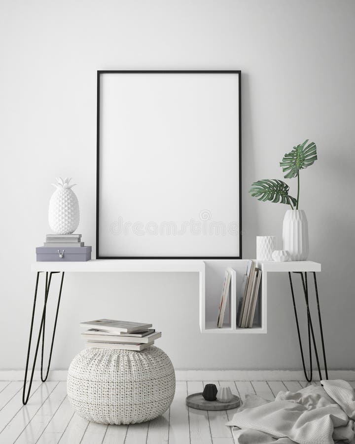 De spot op affichekader op hipster binnenlandse achtergrond, Skandinavische 3D stijl, geeft terug royalty-vrije illustratie De spot op affichekader op hipster binnenlandse achtergrond, Skandinavische 3D stijl, geeft terug royalty-vrije illustratie