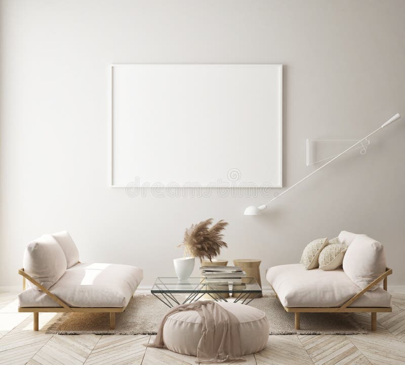 De spot op affichekader op moderne binnenlandse achtergrond, woonkamer, Skandinavische 3D stijl, geeft terug stock illustratie De spot op affichekader op moderne binnenlandse achtergrond, woonkamer, Skandinavische 3D stijl, geeft terug stock illustratie