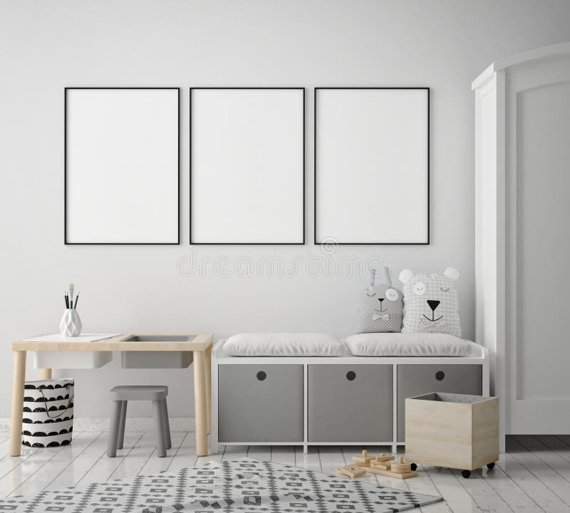 De spot op affichekaders in kinderenslaapkamer, Skandinavische 3D stijl binnenlandse achtergrond, geeft terug vector illustratie De spot op affichekaders in kinderenslaapkamer, Skandinavische 3D stijl binnenlandse achtergrond, geeft terug vector illustratie