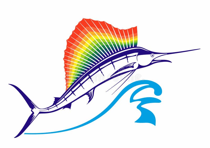 De sprong van de grote Marlijn Van de de Marlijn of zwaardvissen van watersprongen met regenboog dorsale vin Vin in regenboogkleu stock illustratie De sprong van de grote Marlijn Van de de Marlijn of zwaardvissen van watersprongen met regenboog dorsale vin Vin in regenboogkleu stock illustratie