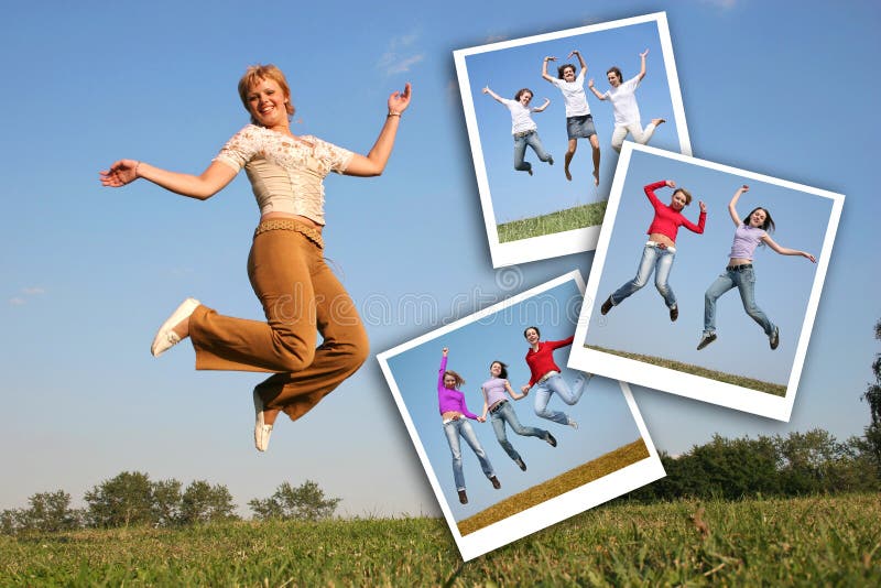 De sprongen van het meisje en foto's van jumpimgmeisjes, collage royalty-vrije stock afbeelding De sprongen van het meisje en foto's van jumpimgmeisjes, collage royalty-vrije stock afbeelding