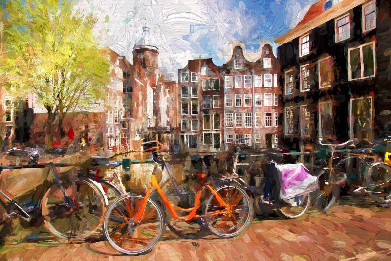 De stad van Amsterdam in Holland, kunstwerk in het schilderen stijl