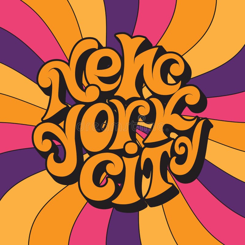 De Stad van New York Het klassieke psychedelische jaren '60 en jaren '70 van letters voorzien