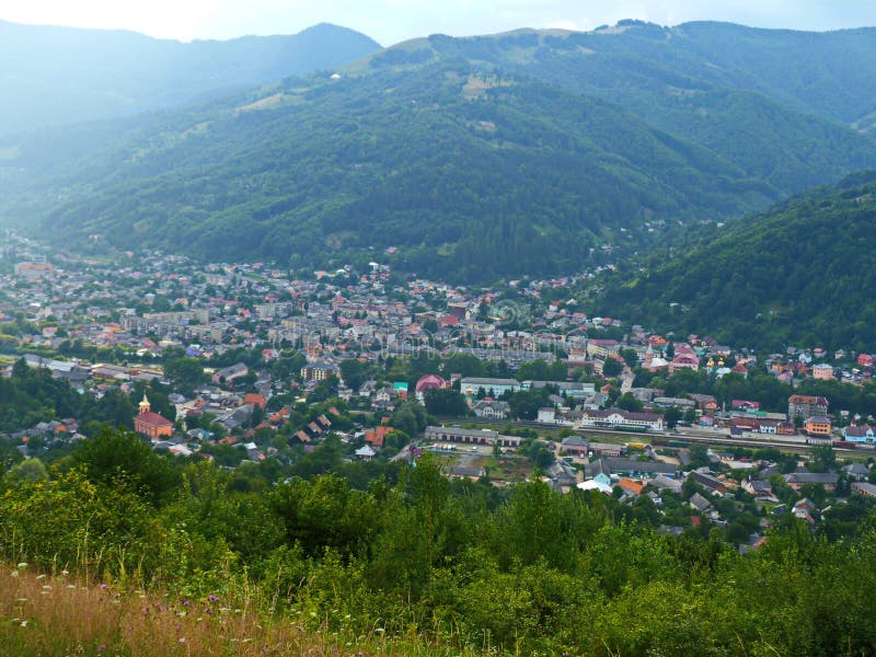 Rakhiv. View from the height of the Marmaros mountain range. Rakhiv. View from the height of the Marmaros mountain range.