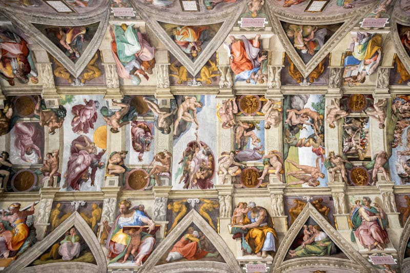 DE STAD VAN VATIKAAN, VATIKAAN: Plafond van de Sistine-kapel in het Museum van Vatikaan, de Stad van Vatikaan Mooie oude vensters stock afbeelding DE STAD VAN VATIKAAN, VATIKAAN: Plafond van de Sistine-kapel in het Museum van Vatikaan, de Stad van Vatikaan Mooie oude vensters stock afbeelding