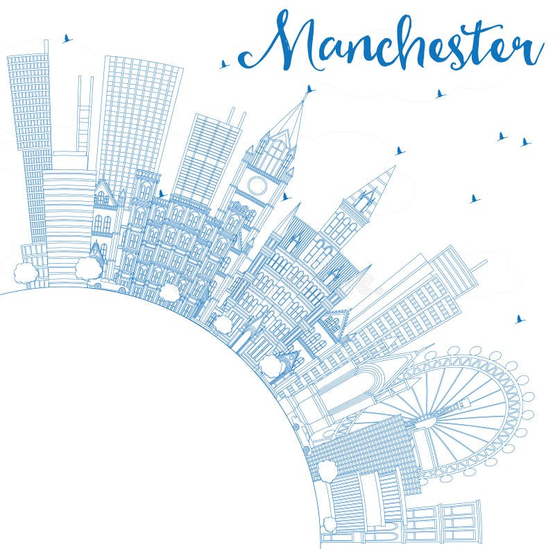 De Stadshorizon van overzichtsmanchester Engeland met Blauwe Gebouwen en vector illustratie De Stadshorizon van overzichtsmanchester Engeland met Blauwe Gebouwen en vector illustratie