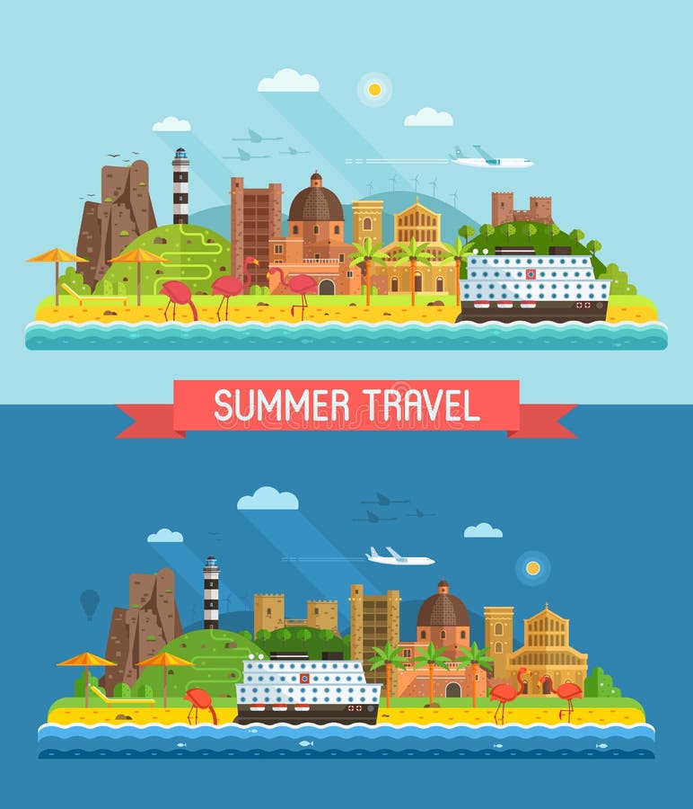 De Stadslandschap van de de zomer Mediterraan Kust stock illustratie De Stadslandschap van de de zomer Mediterraan Kust stock illustratie