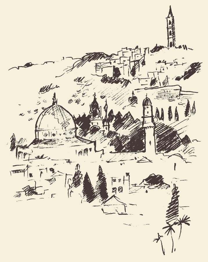 De Stadsmening Israel Vintage Engraved Vector van Jeruzalem stock illustratie De Stadsmening Israel Vintage Engraved Vector van Jeruzalem stock illustratie
