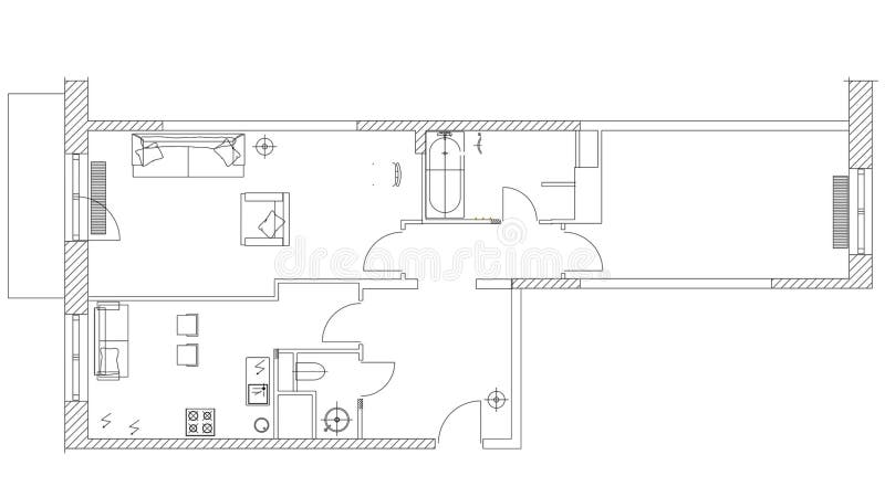 De standaardsymbolen van het huismeubilair plaatsen in architectuurplannen, huis de reeks van het planningspictogram, grafische o