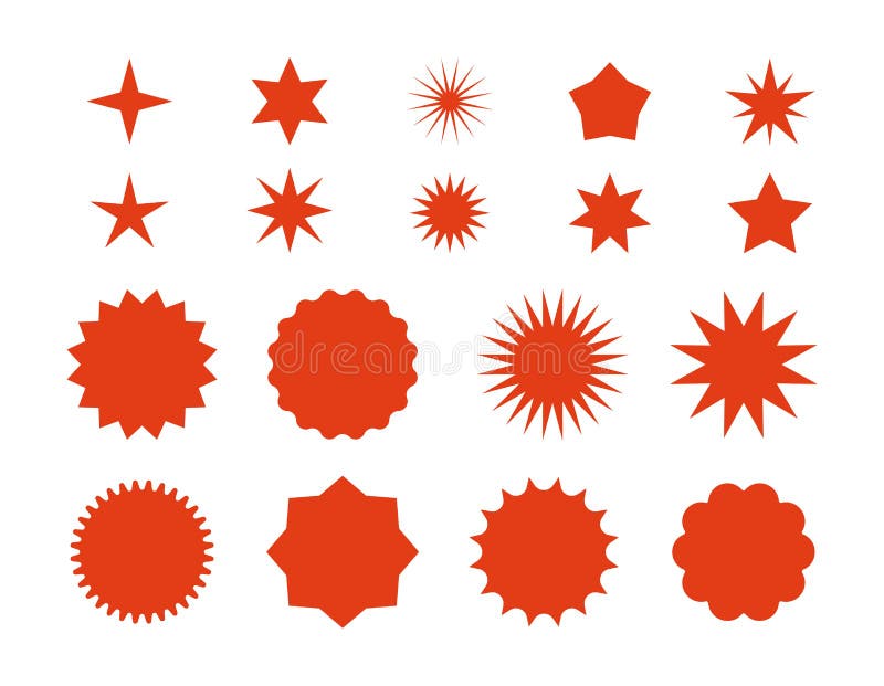 De ster barstte stickers Rood retro verkoopkenteken, vlakke prijskaartjessilhouetten, starburst etiketten grafisch malplaatje Vec