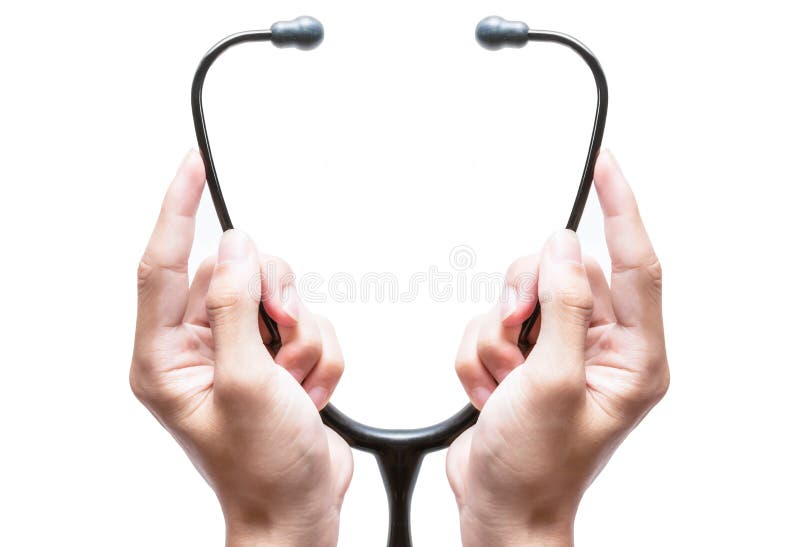 De stethoscoop van de handholding op geïsoleerde achtergrond stock afbeeldingen De stethoscoop van de handholding op geïsoleerde achtergrond stock afbeeldingen