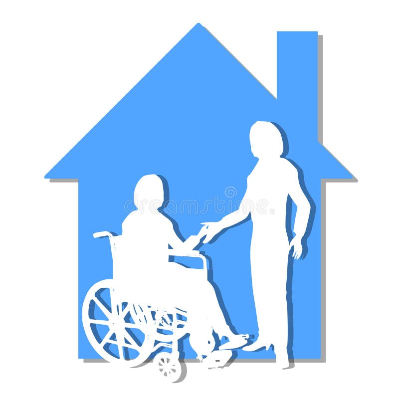 An illustration featuring the silhouette of 2 people - one in a wheelchair within the outline of a blue house to represent topics involving home health care and support. An illustration featuring the silhouette of 2 people - one in a wheelchair within the outline of a blue house to represent topics involving home health care and support