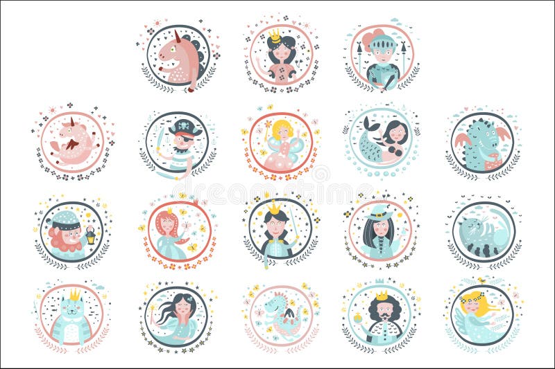 De Stickers van Girly van sprookjehelden in Ronde Kaders stock illustratie De Stickers van Girly van sprookjehelden in Ronde Kaders stock illustratie