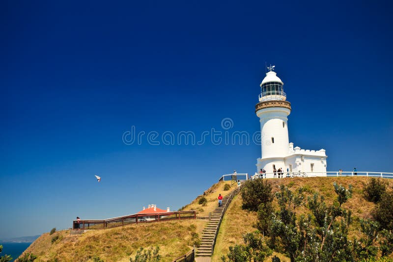 Last Group of Steps Up to Summit and Byron Bay Lighthouse with Hang Glider in Background. Last Group of Steps Up to Summit and Byron Bay Lighthouse with Hang Glider in Background