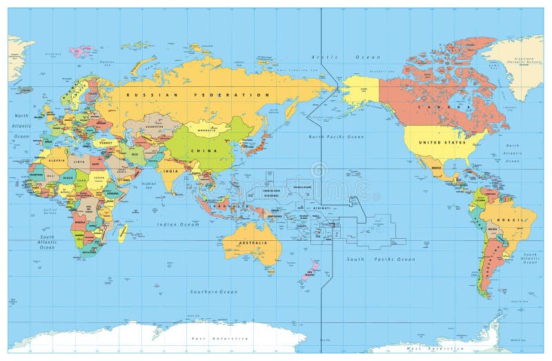 De Stille Oceaan Gecentreerde Wereld Gekleurde Kaart Geen bathymetry stock illustratie De Stille Oceaan Gecentreerde Wereld Gekleurde Kaart Geen bathymetry stock illustratie
