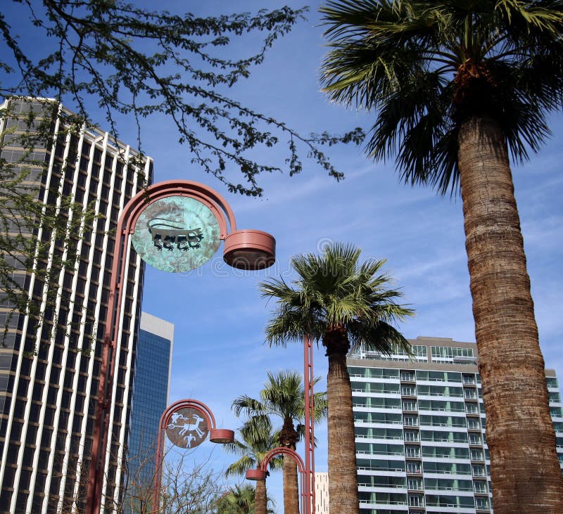 A Pair of Southwest Streetlamps on a Phoenix, Arizona, Street. A Pair of Southwest Streetlamps on a Phoenix, Arizona, Street