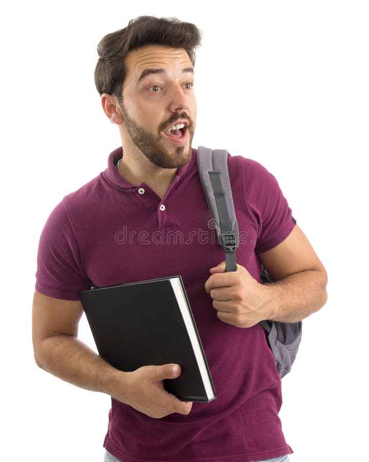 College student is carrying backpack and notebook. He looks suppressed to the side. Calling. Beautiful and bearded person. He is wearing a magenta polo shirt. White background, isolated. College student is carrying backpack and notebook. He looks suppressed to the side. Calling. Beautiful and bearded person. He is wearing a magenta polo shirt. White background, isolated.