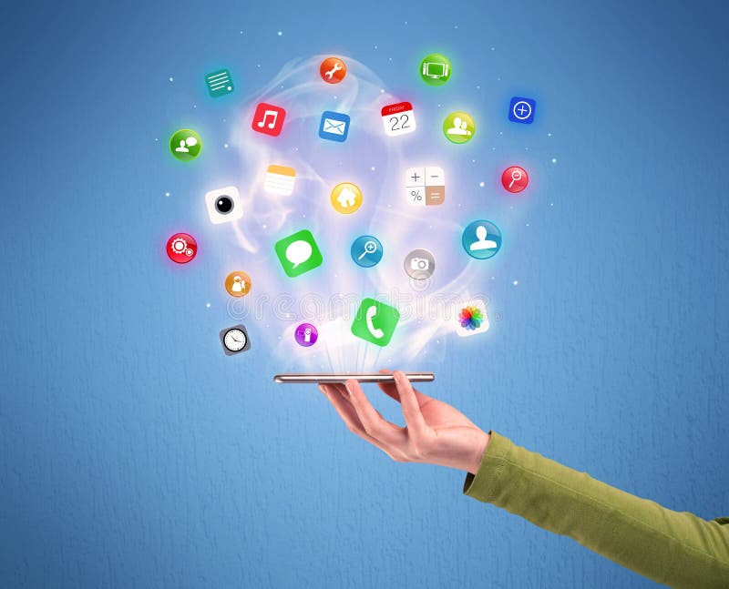 De tablettelefoon van de handholding met app pictogrammen stock illustratie