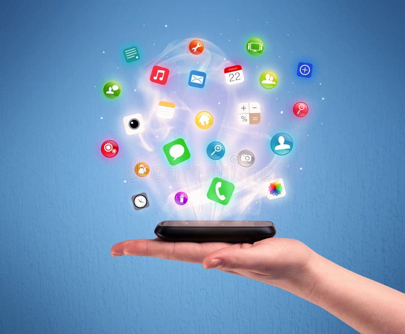 De tablettelefoon van de handholding met app pictogrammen royalty-vrije stock fotografie De tablettelefoon van de handholding met app pictogrammen royalty-vrije stock fotografie