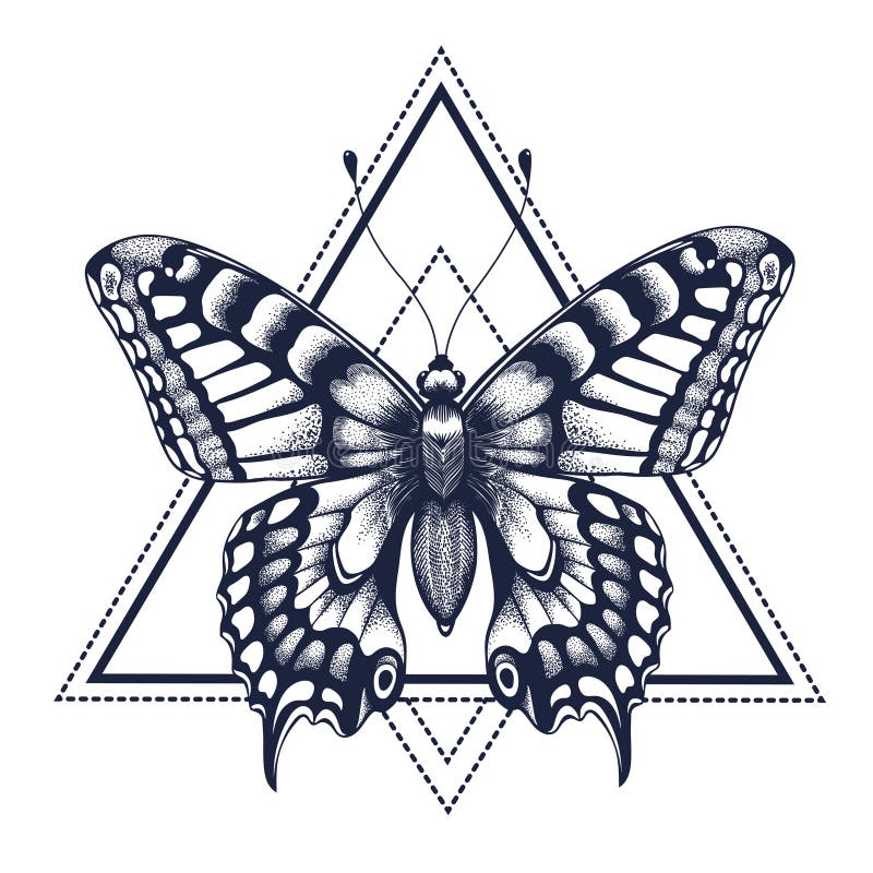 De tatoegering van de vlinder Dotworktatoegering Grafische arts. Vlinder in driehoek, meetkunde Mystiek symbool van vrijheid, aar stock illustratie De tatoegering van de vlinder Dotworktatoegering Grafische arts. Vlinder in driehoek, meetkunde Mystiek symbool van vrijheid, aar stock illustratie