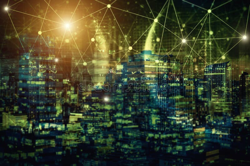 De technologie van de netwerkverbinding met nachtstad Elektronische handel commun royalty-vrije stock afbeeldingen De technologie van de netwerkverbinding met nachtstad Elektronische handel commun royalty-vrije stock afbeeldingen