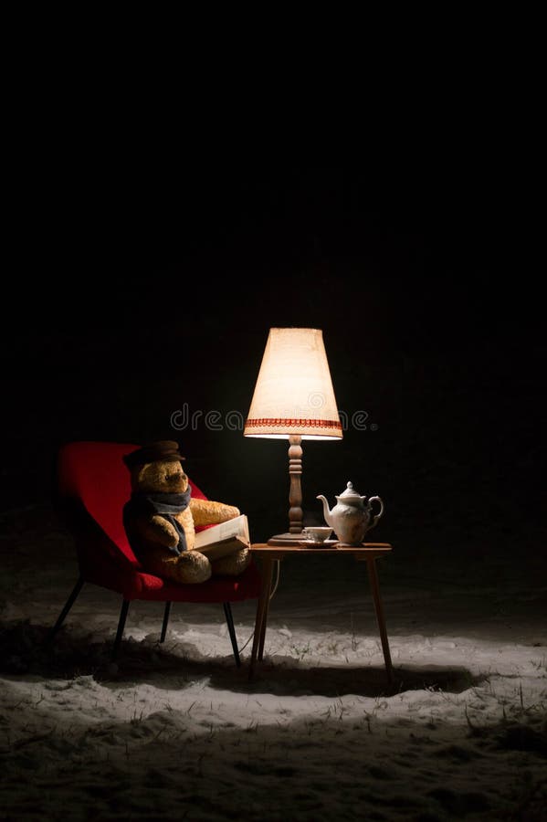 De teddybeer las buiten een boek in een de winternacht - surreal scène royalty-vrije stock foto De teddybeer las buiten een boek in een de winternacht - surreal scène royalty-vrije stock foto