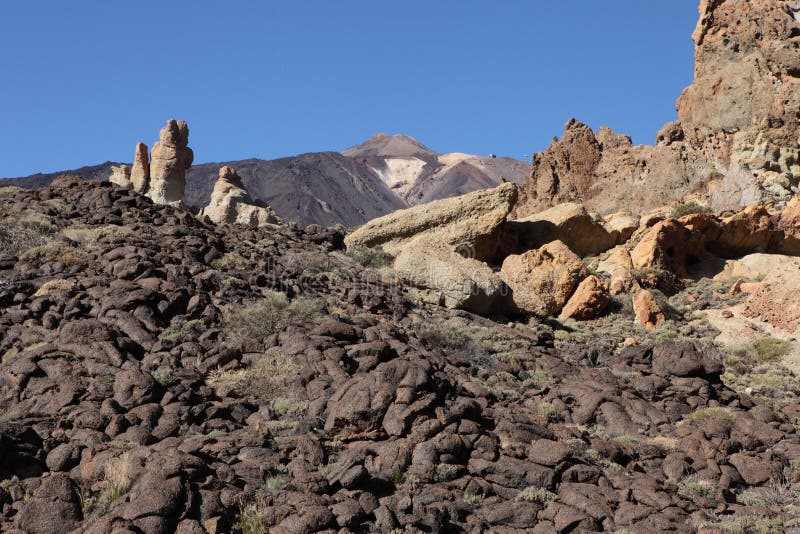 View to Pico De Teide, the highest mountain of Spain, placed on the island of Tenerife. Lava field in the foreground. View to Pico De Teide, the highest mountain of Spain, placed on the island of Tenerife. Lava field in the foreground