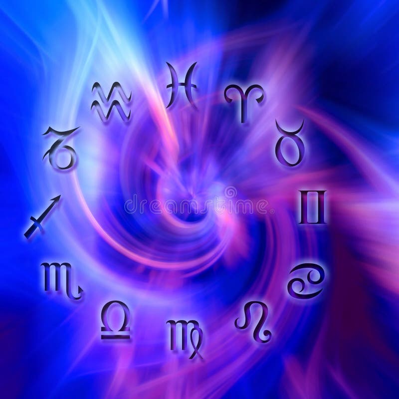 astrological signs over an abstract blue and purple background. astrological signs over an abstract blue and purple background