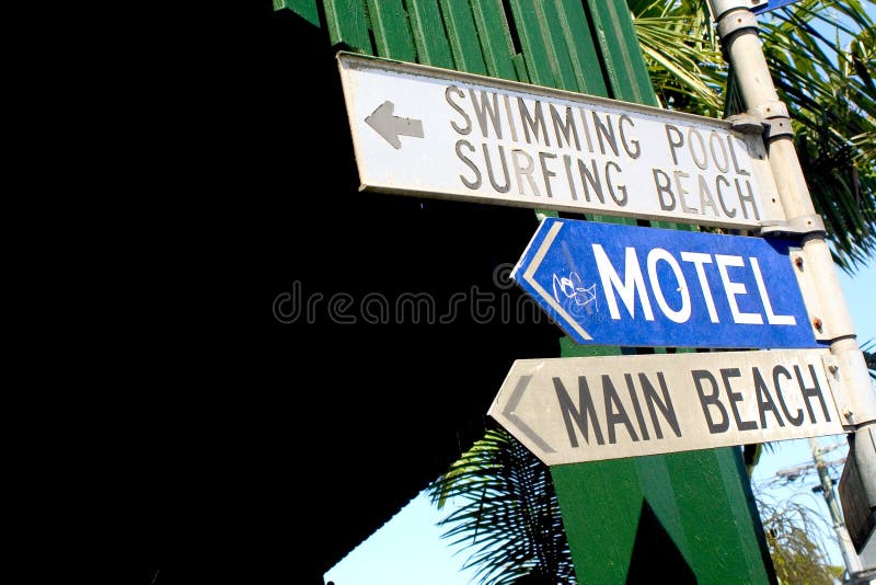 Road signs for the motel and beach, Byron Bay. Road signs for the motel and beach, Byron Bay