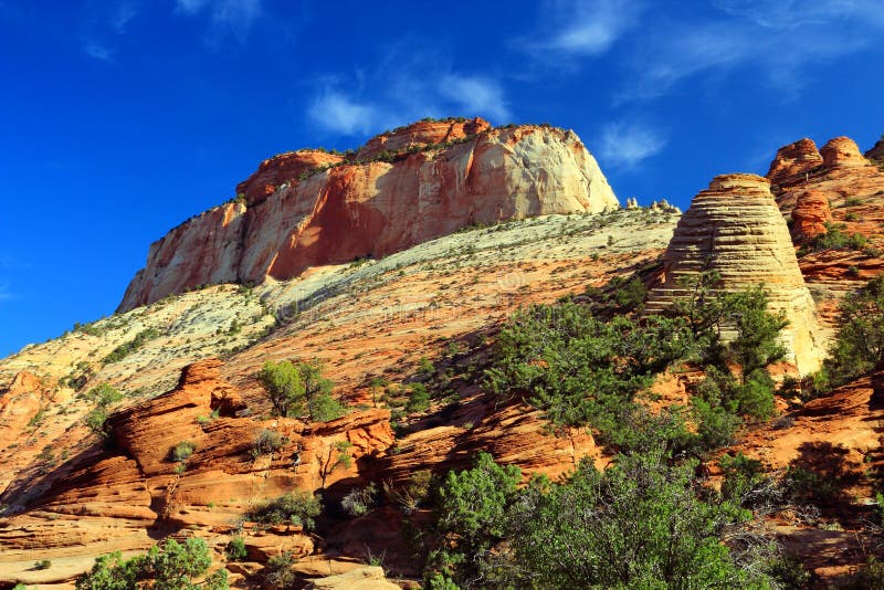 East Temple is towering above Canyon Overlook as a perfect representation of the dryer eastern sections of Zion National Park in the desert landscape of the Southwest, Utah, USA. East Temple is towering above Canyon Overlook as a perfect representation of the dryer eastern sections of Zion National Park in the desert landscape of the Southwest, Utah, USA.