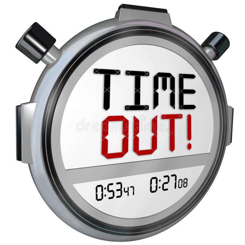 Time Out words on a stopwatch or timer to pause for a break or intermission in a game or competition. Time Out words on a stopwatch or timer to pause for a break or intermission in a game or competition