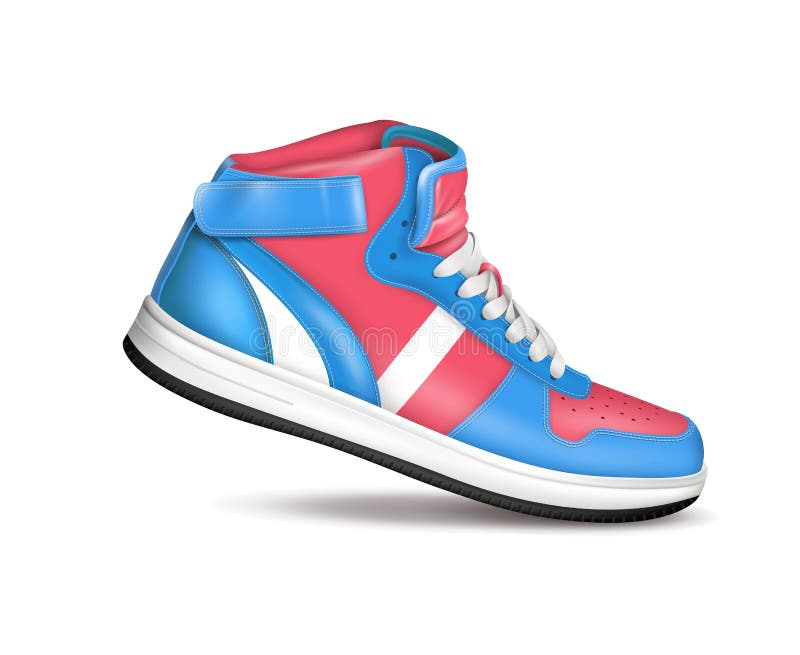 Fashion sport sneaker in red and blue colors on white background realistic vector illustration. Fashion sport sneaker in red and blue colors on white background realistic vector illustration