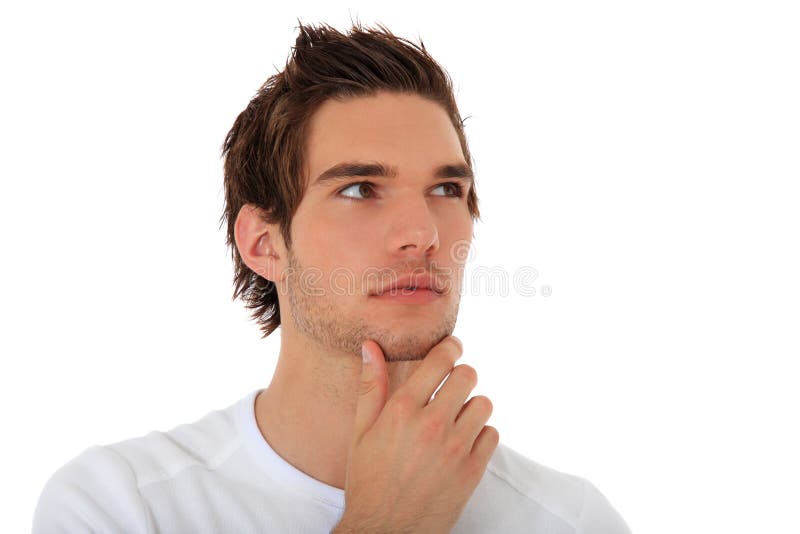 Portrait of a casual young guy deliberating a decision. All on white background. Portrait of a casual young guy deliberating a decision. All on white background.